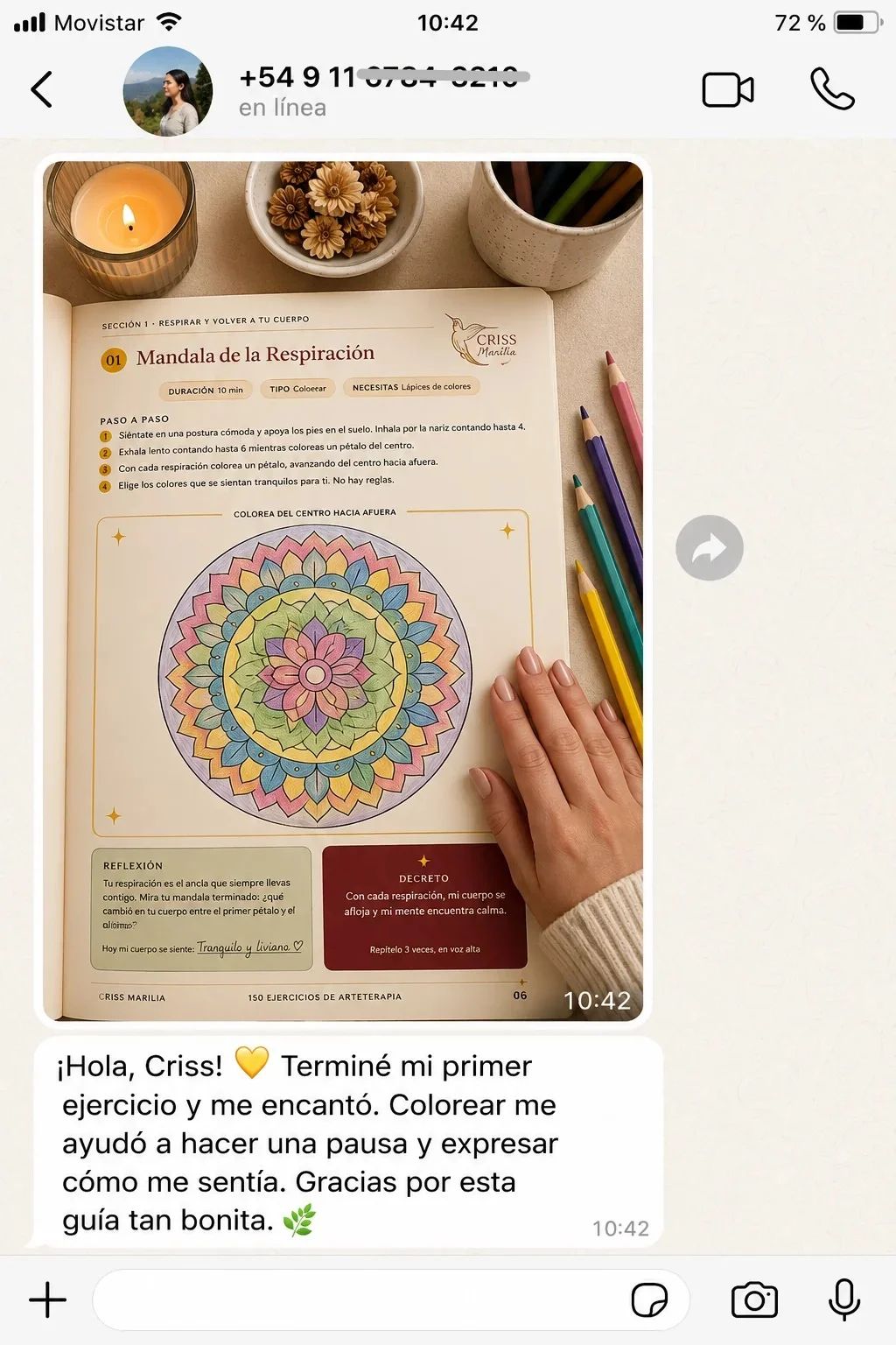 Testimonio de WhatsApp: clienta terminó su primer ejercicio, el Mandala de la Respiración