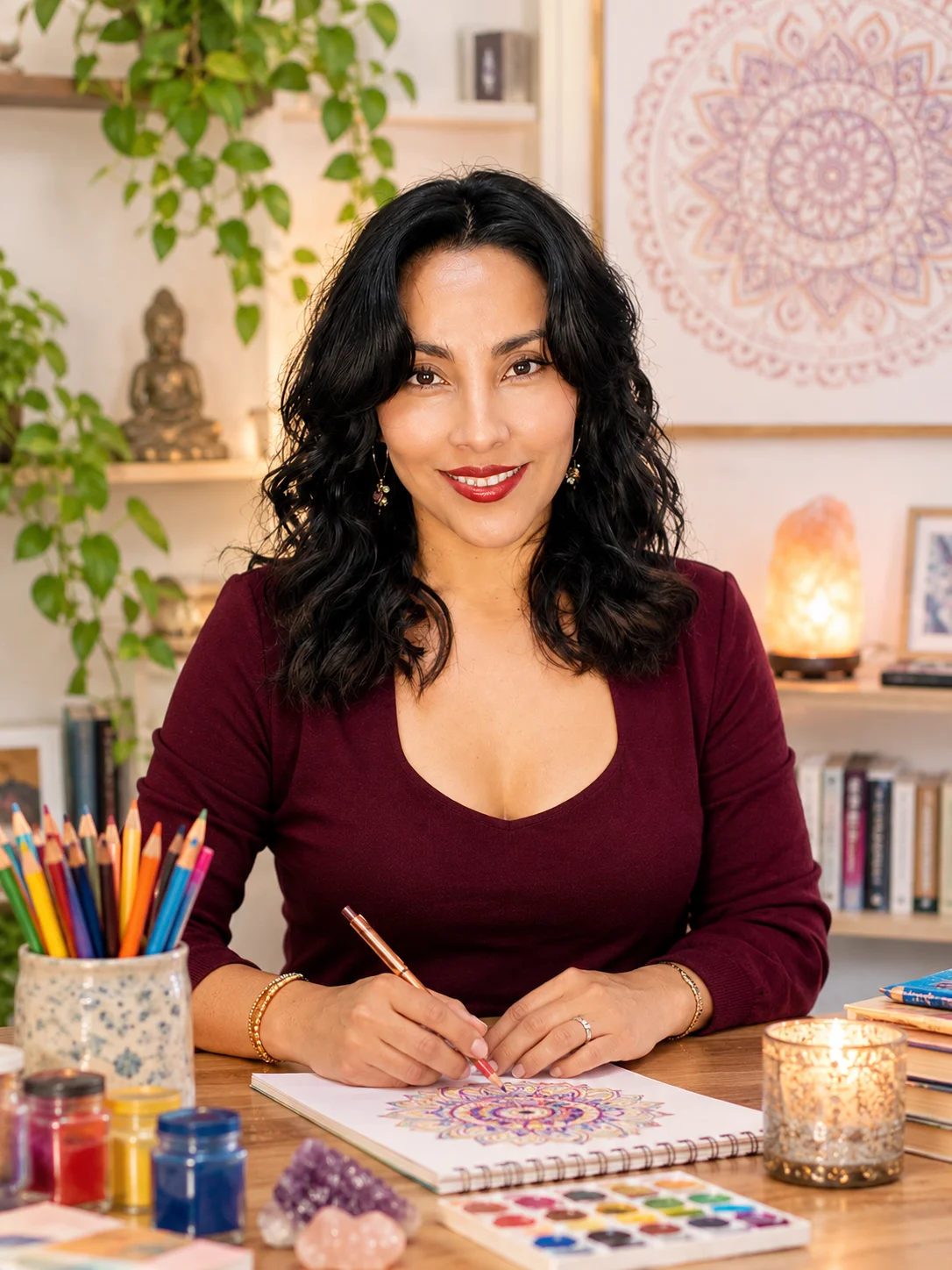 Criss Marilia, arteterapeuta, coloreando un mandala en su mesa de trabajo