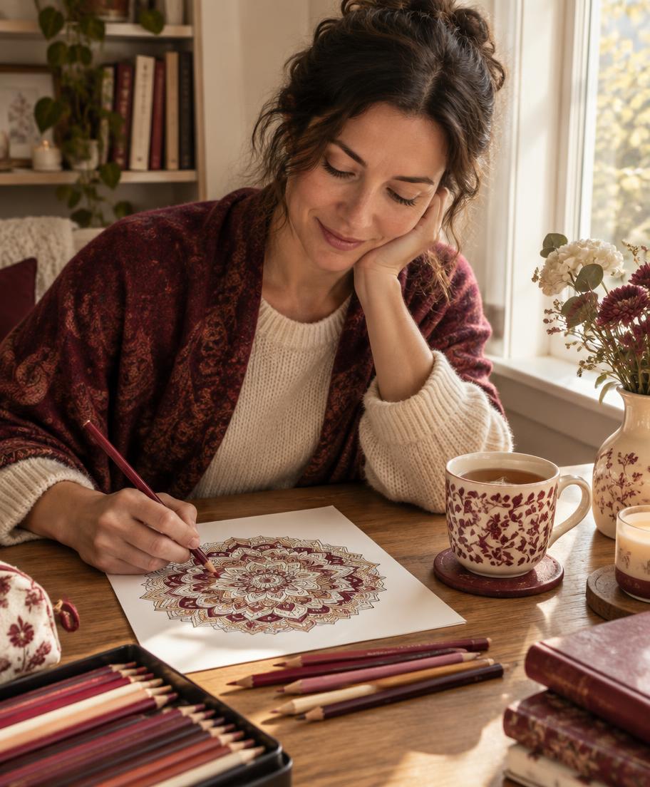 Mujer coloreando un mandala con calma junto a una taza de té